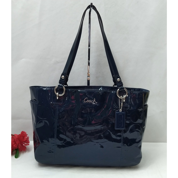 Coach Ashley Blue Patent Leather Double Handles Zipper Closure Tote Bag - Picture 1 of 16